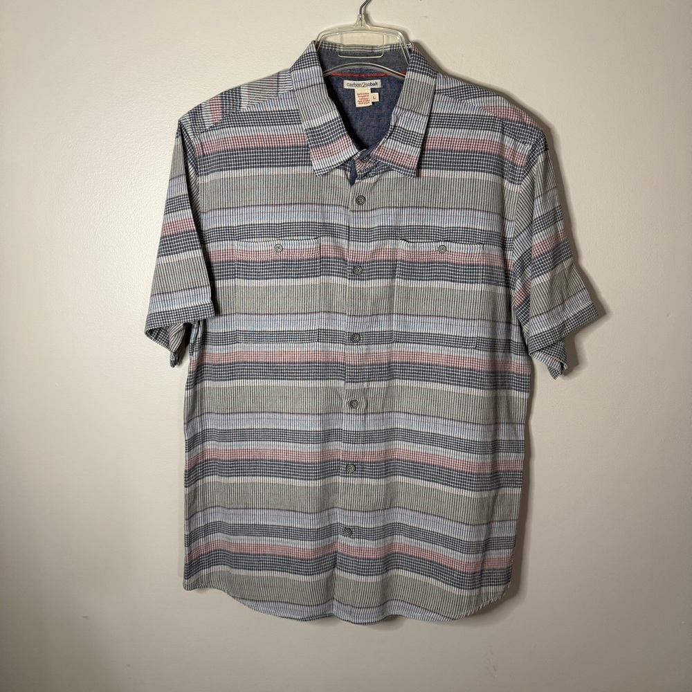 carbon2cobalt size L 100% cotton button down mens blue and red striped shirt